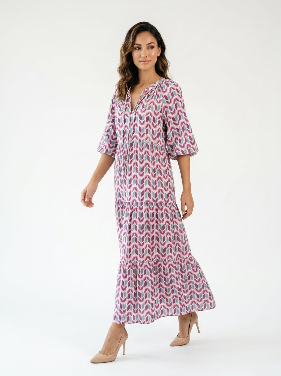Zayé Women's Arrow Print Midi Dress | V-Neck Balloon Sleeve Tiered Skirt