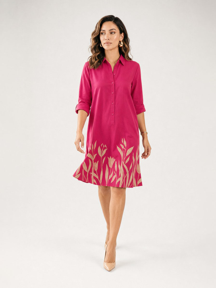 Zayé Women's Tulip Border Print Shirt Dress | Full Button Front Point Collar Three Quarter Sleeve