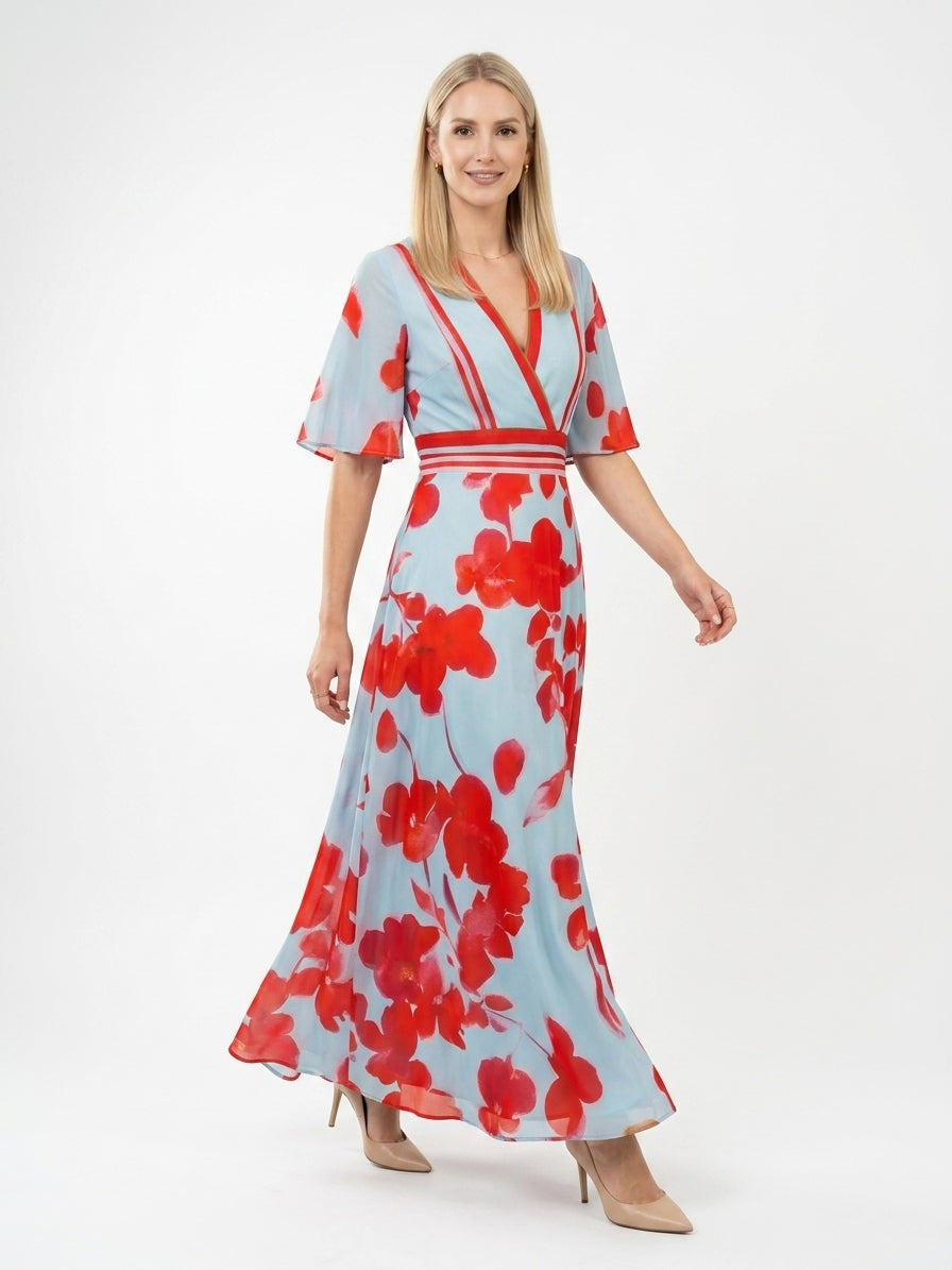 Zayé Women's Bold Floral Maxi Dress | Wrap V-Neck Flutter Sleeve Striped Contrast Waistband