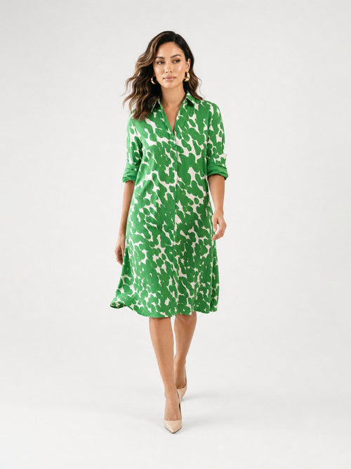Zayé Women's Abstract Brush Mark Print Shirt Dress | Point Collar Three Quarter Sleeve Relaxed Fit