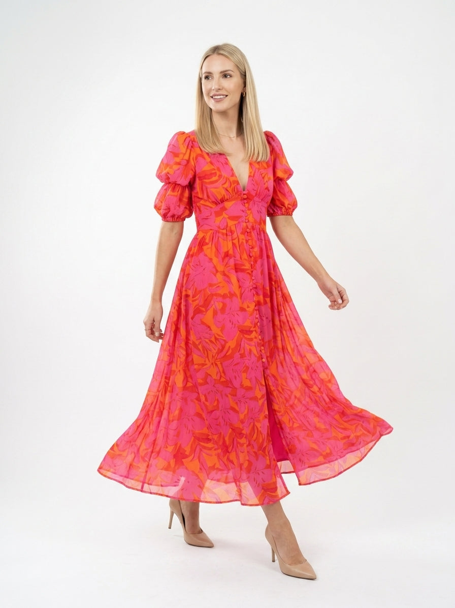 Zayé Women's Tropical Floral Maxi Dress | Deep V-Neck Puff Sleeve Button Front Elasticated Waist | Hot Pink