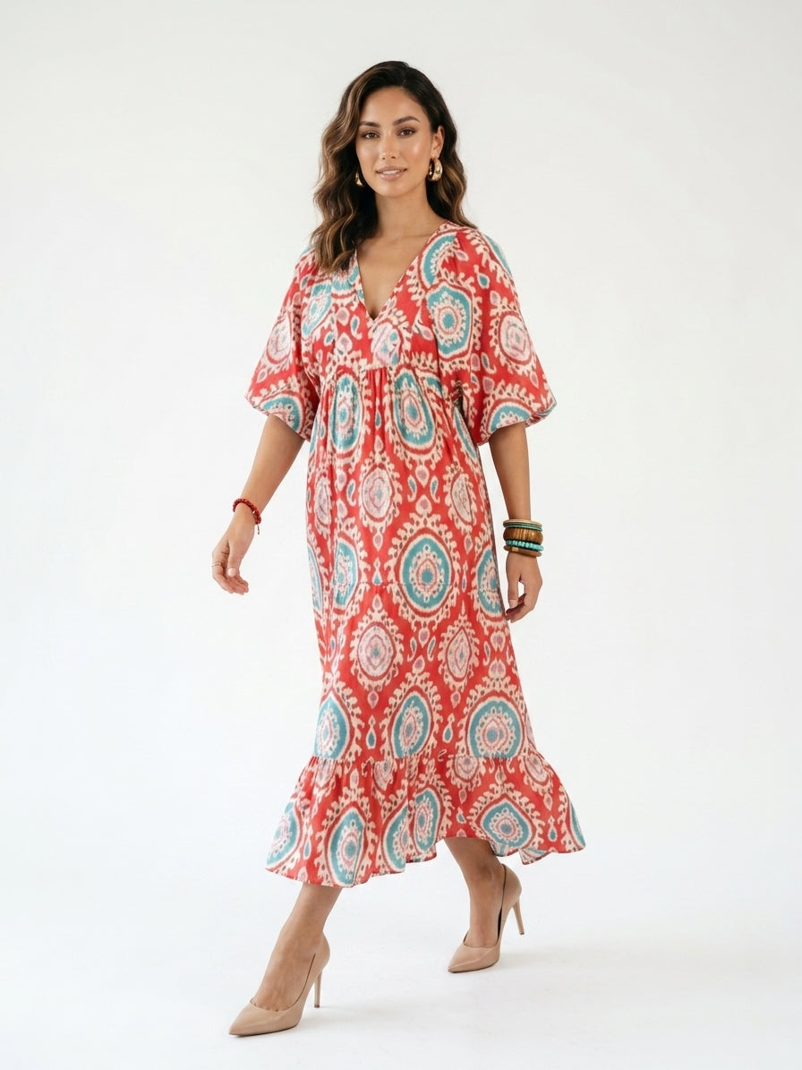 Zayé Women's Medallion Print Midi Dress | V-Neck Batwing Sleeve Frill Hem | Coral Red