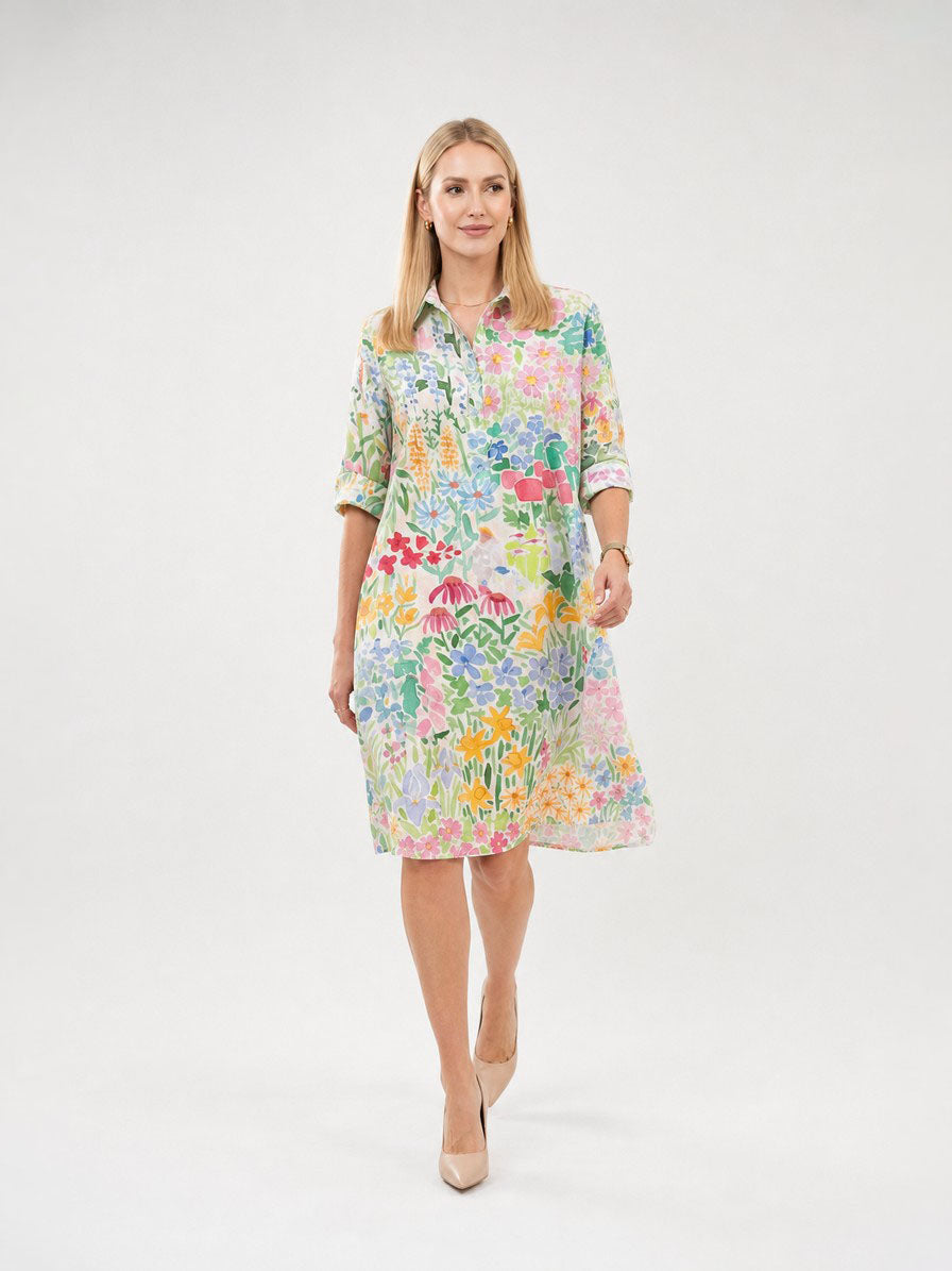 Zayé Women's Wildflower Meadow Print Shirt Dress | Point Collar Three Quarter Sleeve Relaxed Fit