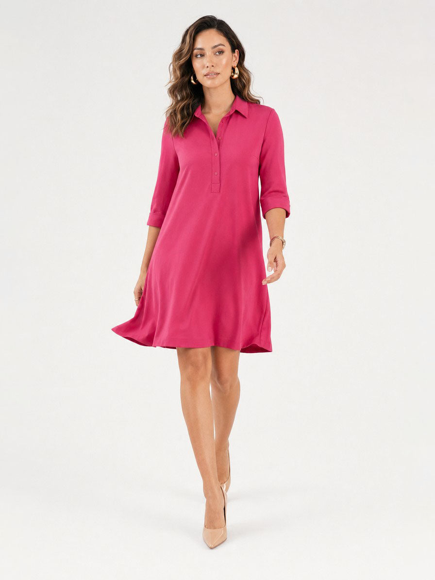 Zayé Women's Polo Neck Dress | Three Quarter Sleeve Breast Pocket Relaxed A-Line