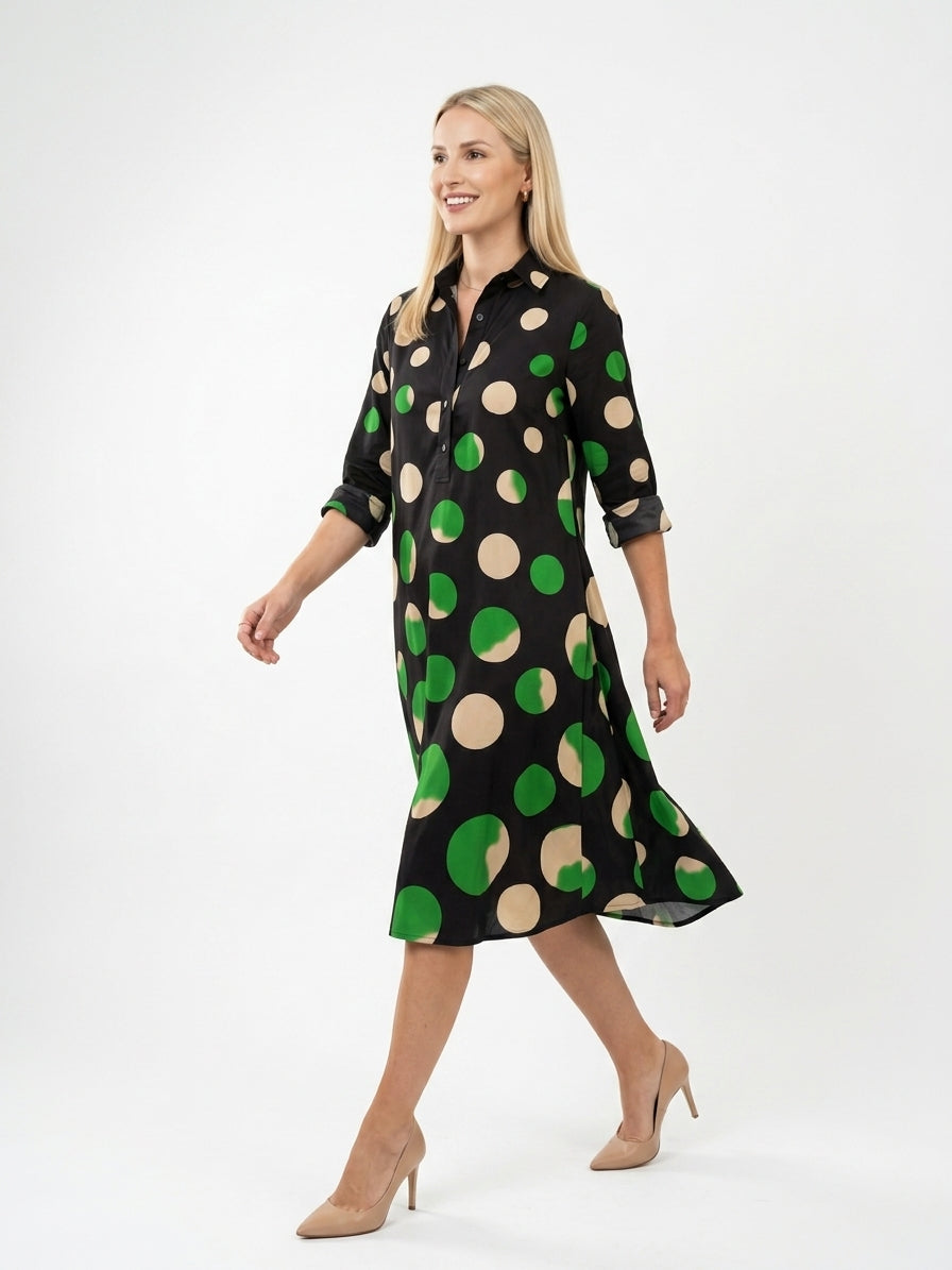 Zayé Women's Oversized Polka Dot Shirt Dress | Point Collar Three Quarter Sleeve A-Line