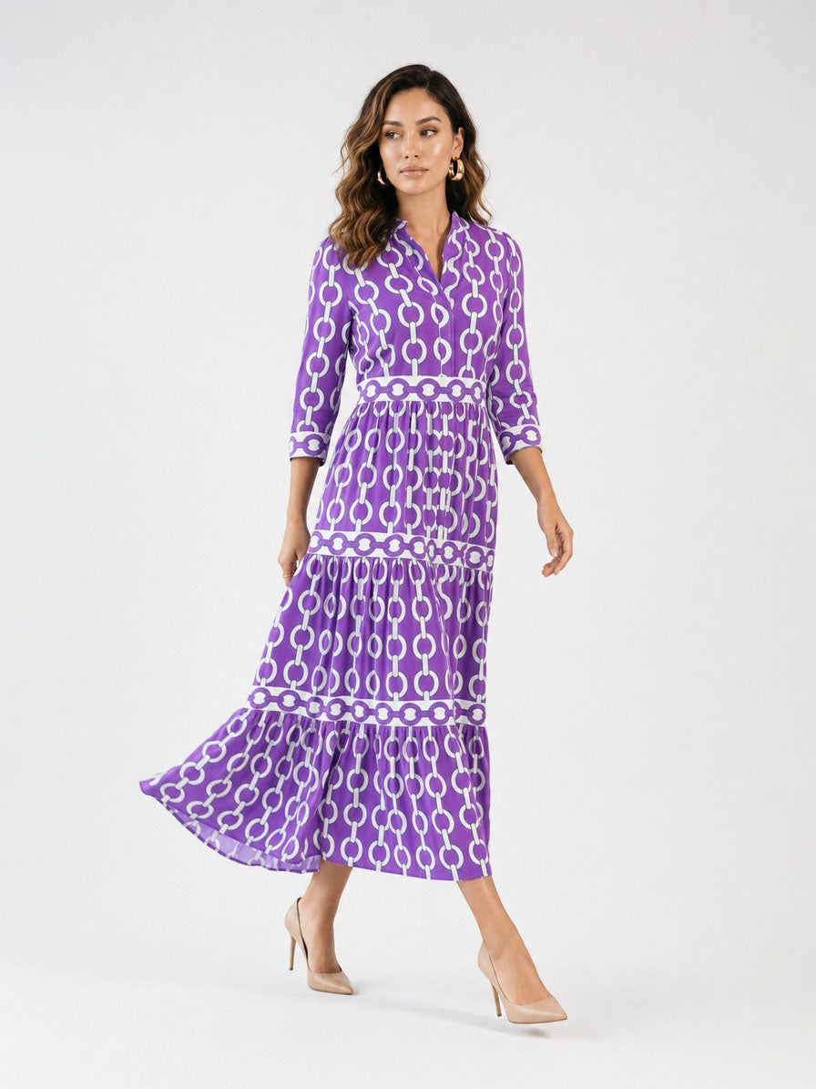 Zayé Women's Chain Pattern Midi Dress | V-Neck Three Quarter Sleeve Tiered Skirt