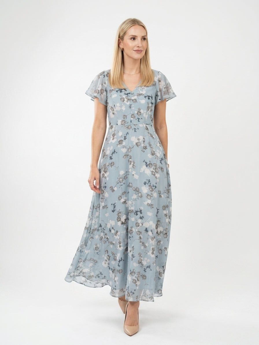 Zayé Women's Vintage Floral Chiffon Maxi Dress | V-Neck Flutter Sleeve Full A-Line Skirt