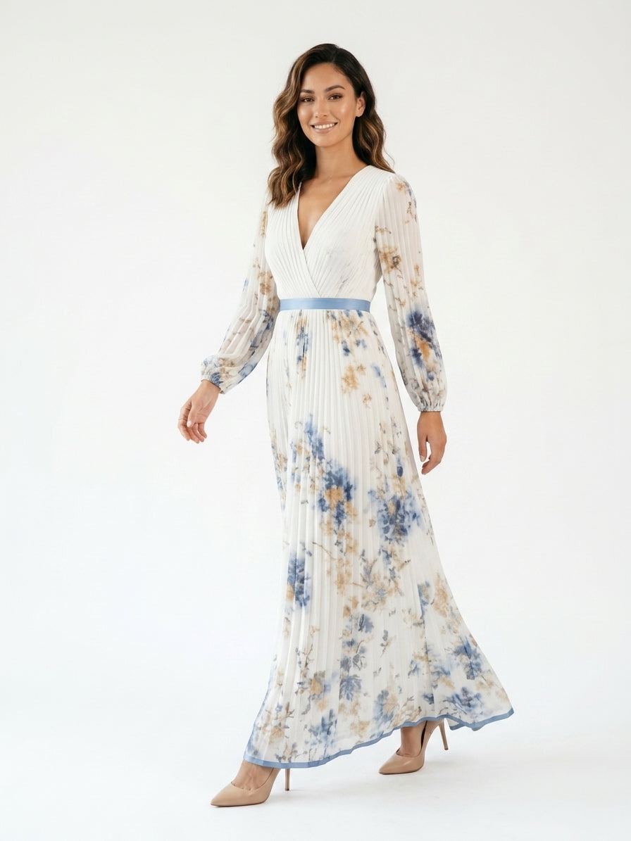 Zayé Women's Floral Accordion Pleat Maxi Dress | Wrap V-Neck Bishop Sleeve Contrast Blue Belt