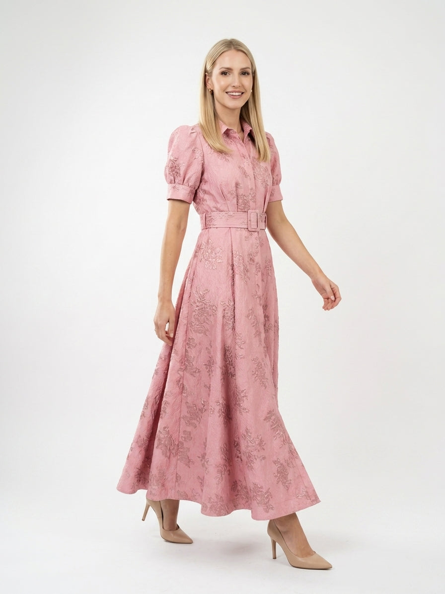 Zayé Women's Jacquard Maxi Dress | Point Collar Puff Sleeve Self-Belt A-Line Skirt