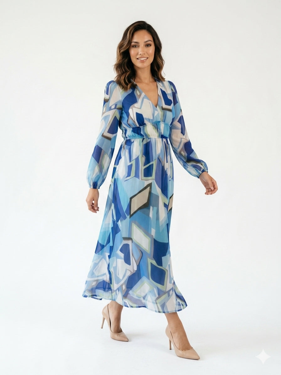 Zayé Women's Watercolour Floral Chiffon Maxi Dress | Wrap V-Neck Bishop Sleeve Tiered Skirt