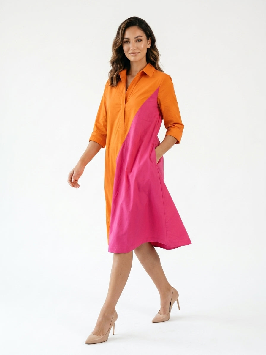 Zayé Women's Colour Block Shirt Dress | Diagonal Split Orange Pink Point Collar Three Quarter Sleeve