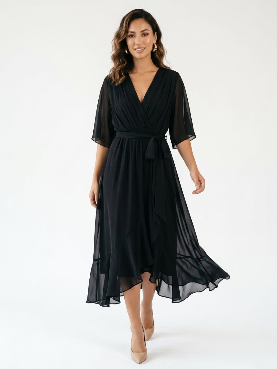 Zayé Women's Chiffon Midi Dress | Deep V-Neck Angel Sleeve Tie Waist Handkerchief Hem