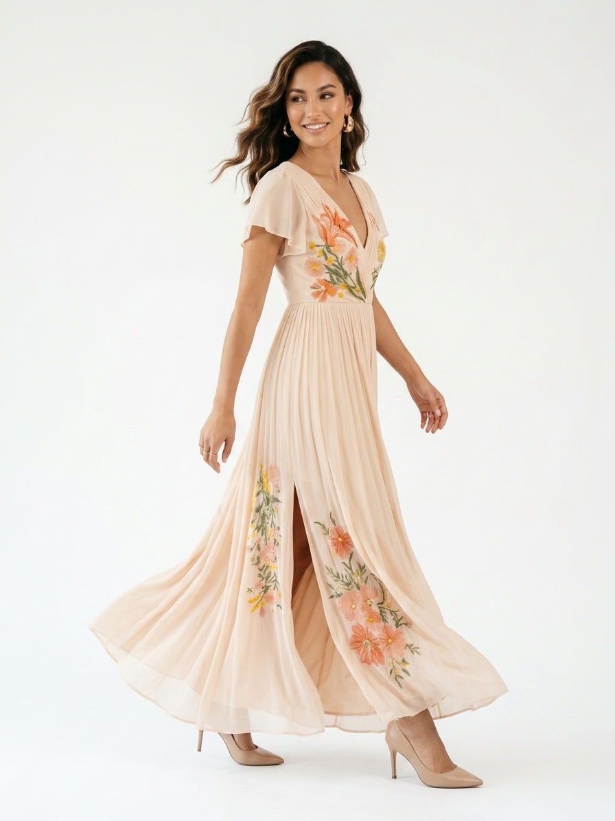 Zayé Women's Placed Floral Pleated Maxi Dress | Wrap V-Neck Flutter Sleeve Chiffon