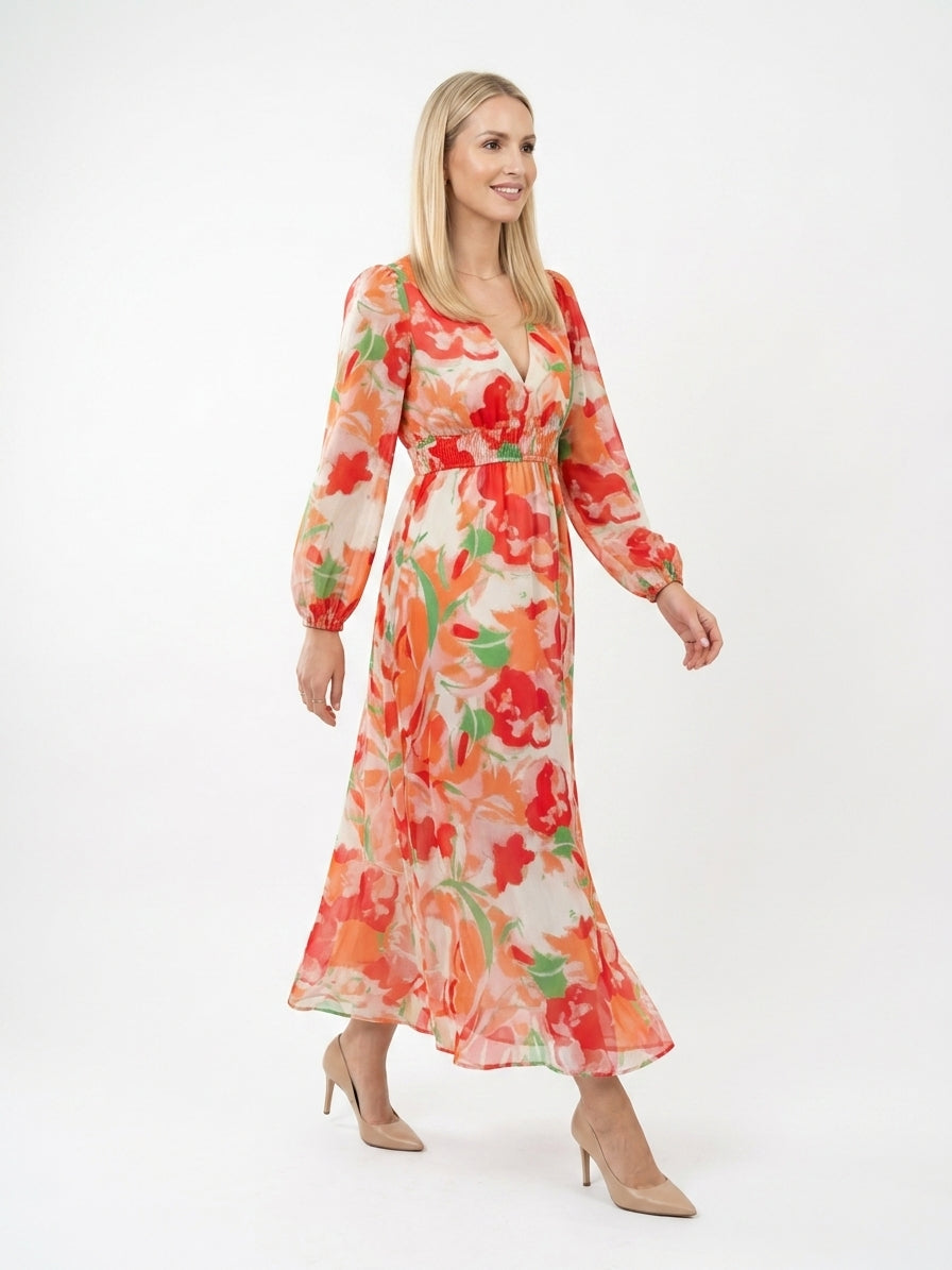Zayé Women's Watercolour Floral Chiffon Maxi Dress | Wrap V-Neck Bishop Sleeve Tiered Skirt