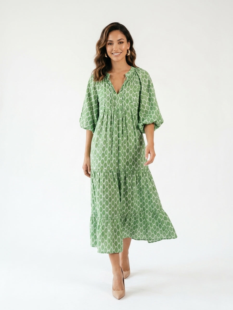Zayé Women's Geometric Print Midi Dress | V-Neck Batwing Sleeve Tiered Skirt