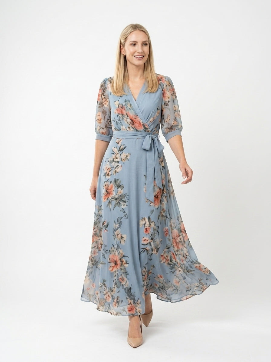 Zayé Women's Romantic Floral Chiffon Maxi Dress | Wrap V-Neck Collar Three Quarter Sleeve Tie Waist
