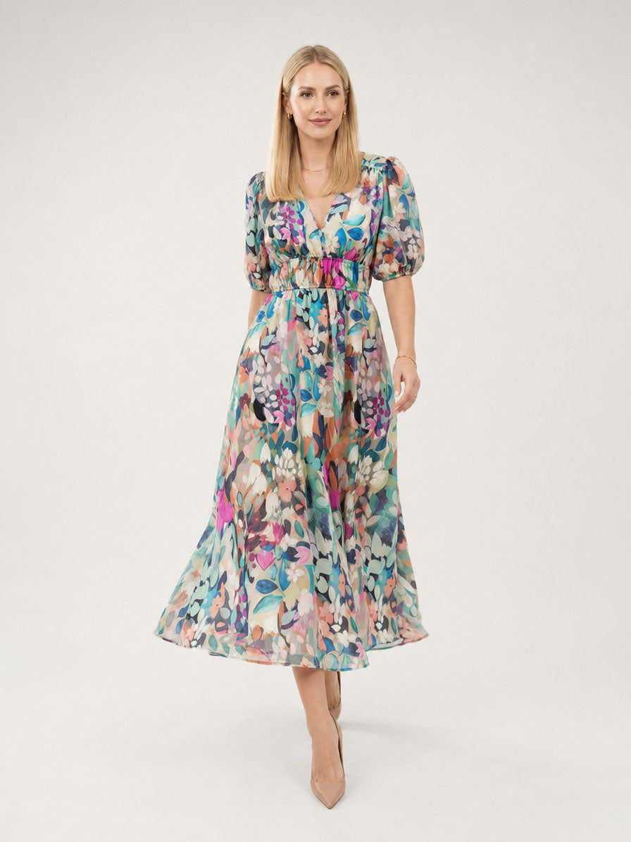 Zayé Women's V-Neck Midi Dress | Short Sleeve Gathered Waist