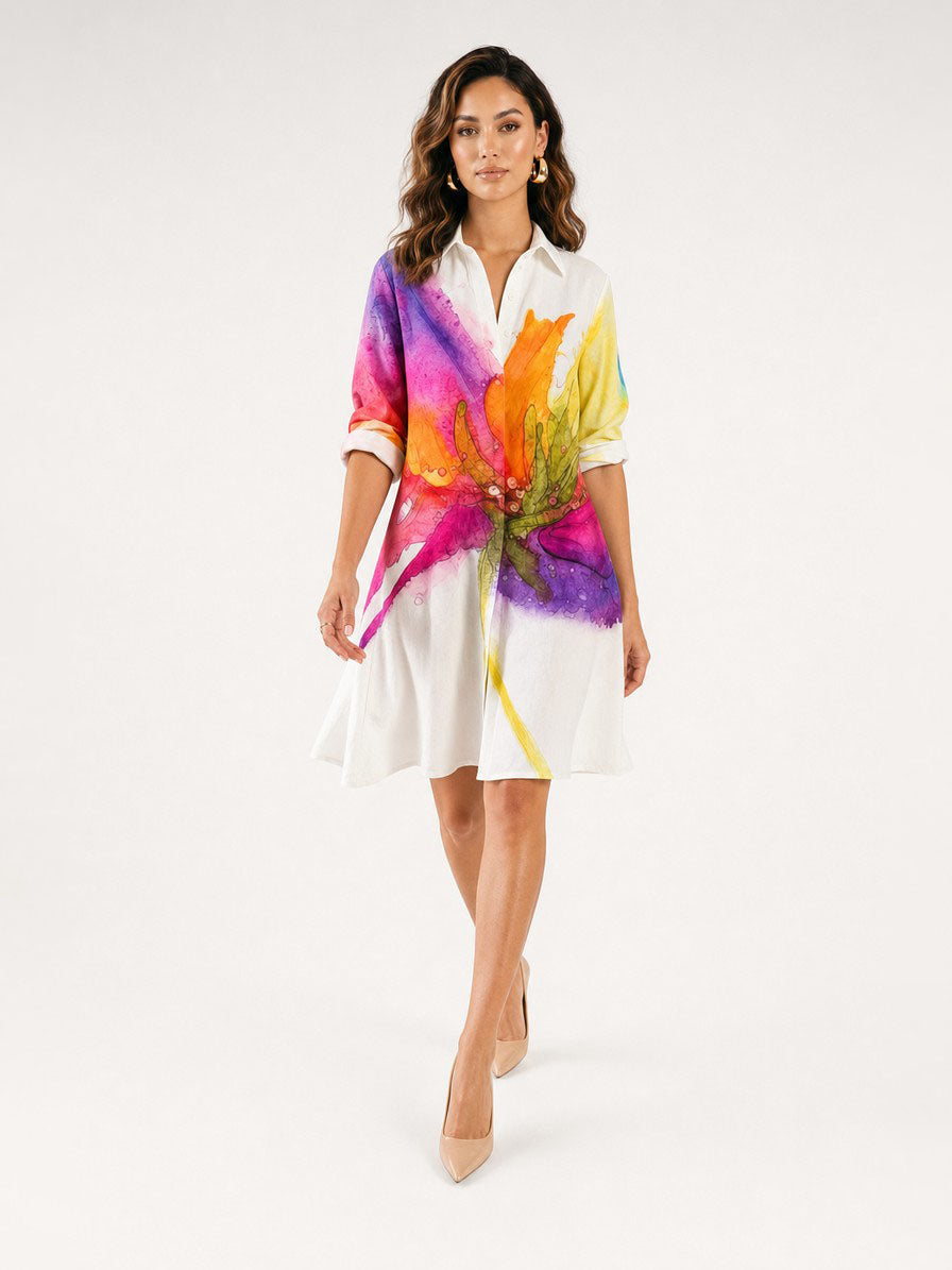 Zayé Women's Painted Bloom Shirt Dress | Full Button Front Point Collar Three Quarter Sleeve