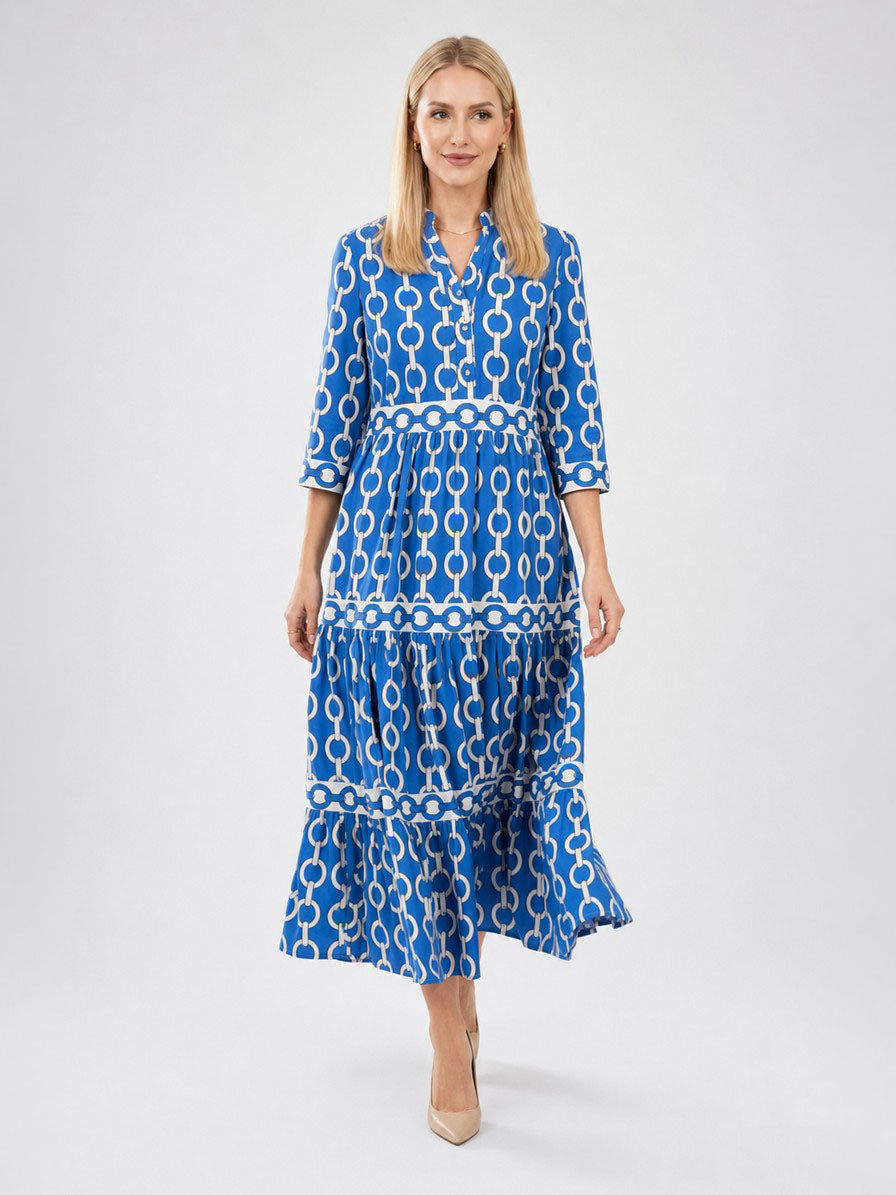 Zayé Women's Chain Pattern Midi Dress | V-Neck Three Quarter Sleeve Tiered Skirt