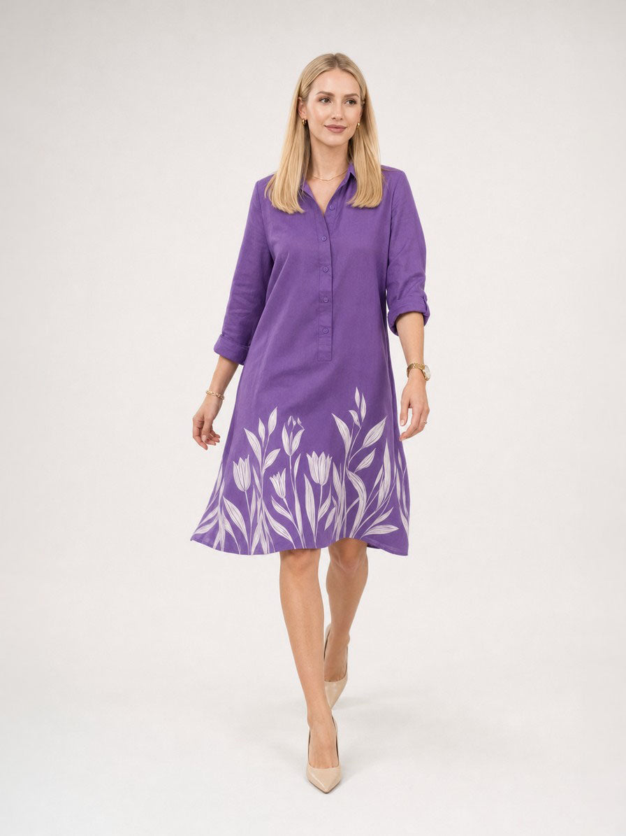 Zayé Women's Tulip Silhouette Hem Shirt Dress | Full Button Front Point Collar Three Quarter Sleeve