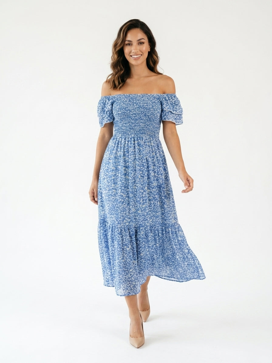 Zayé Women's Ditsy Floral Midi Dress | Square Neck Smocked Bodice Flutter Sleeve