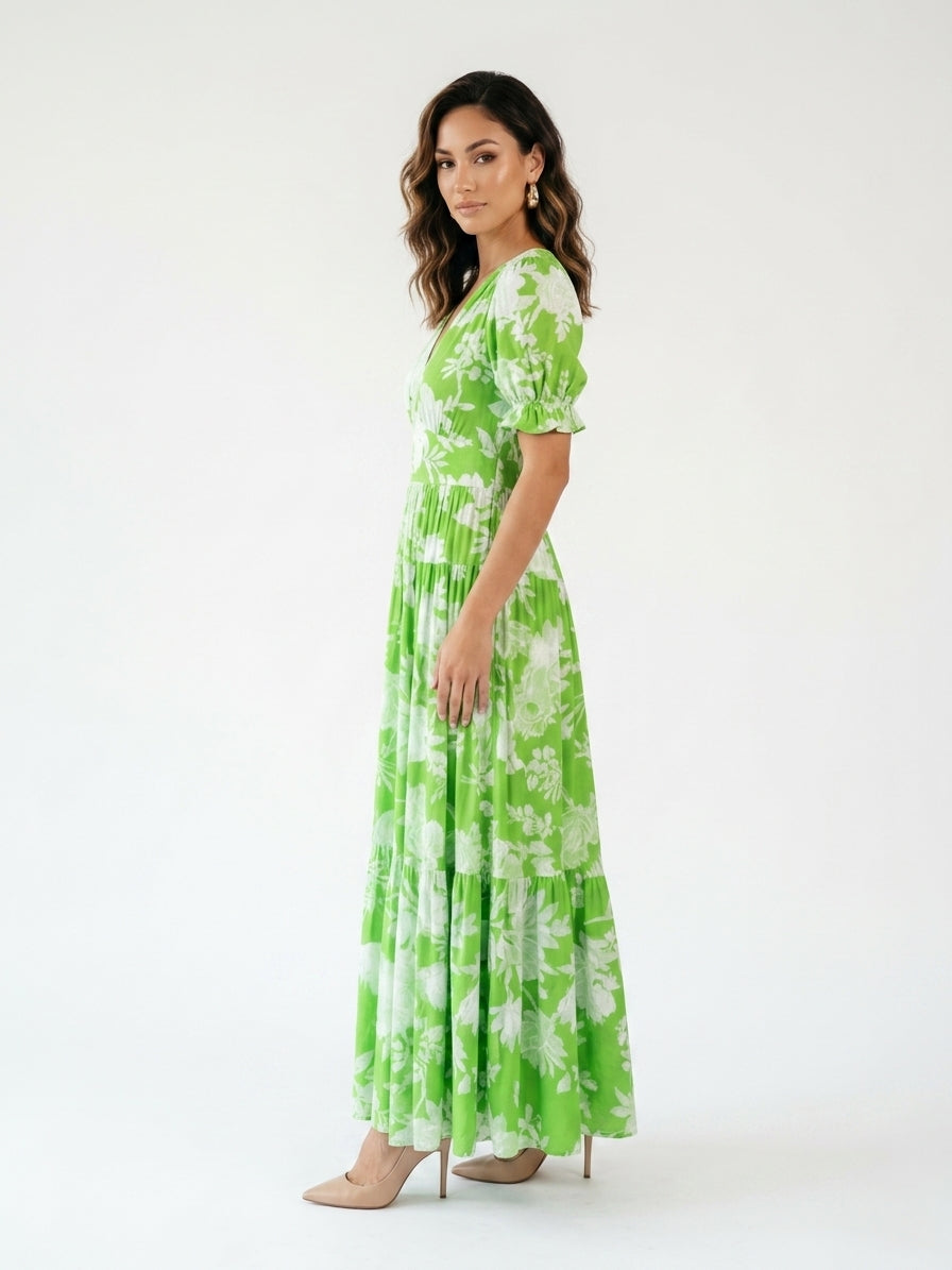 Zayé Women's Floral Midi Dress | V-Neck Short Flutter Sleeve Gathered Waist