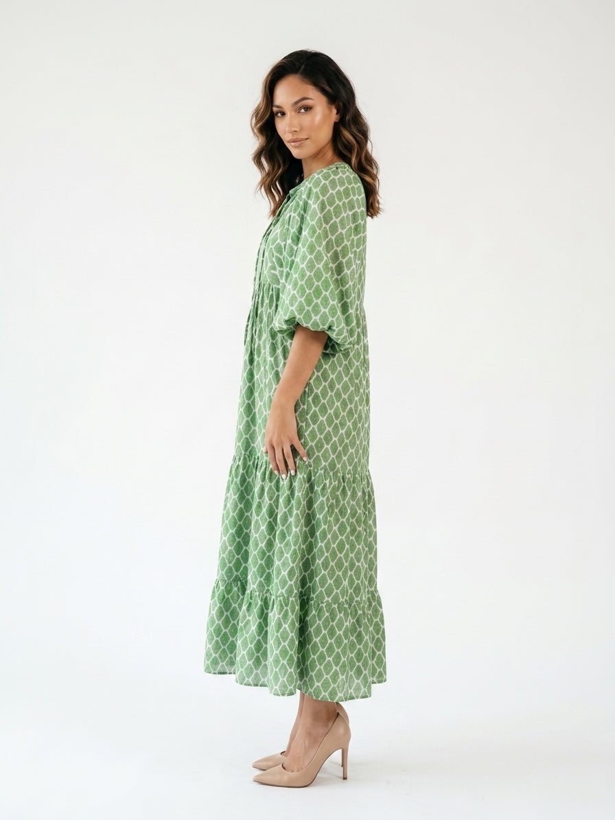 Zayé Women's Geometric Print Midi Dress | V-Neck Batwing Sleeve Tiered Skirt