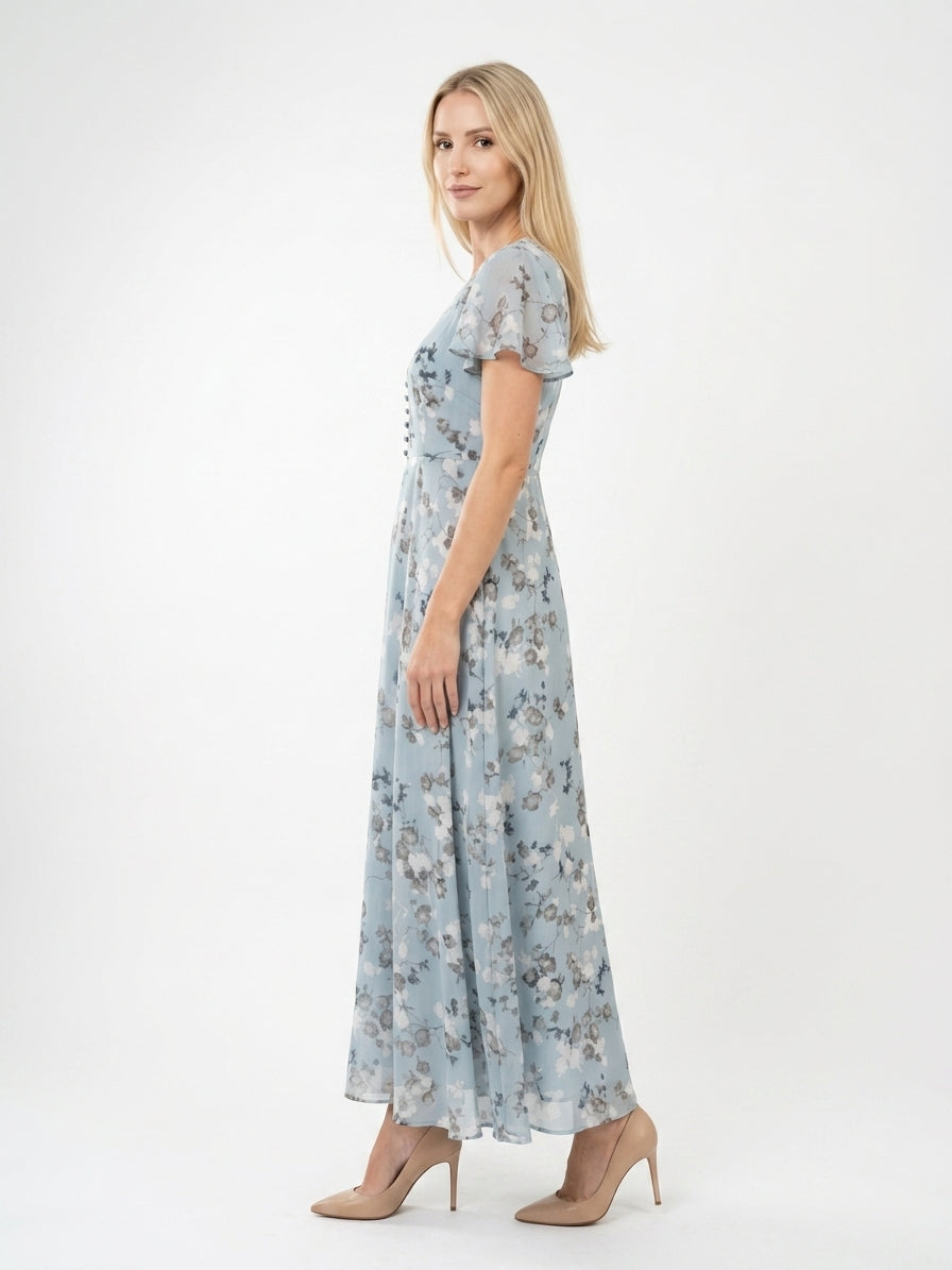 Zayé Women's Vintage Floral Chiffon Maxi Dress | V-Neck Flutter Sleeve Full A-Line Skirt