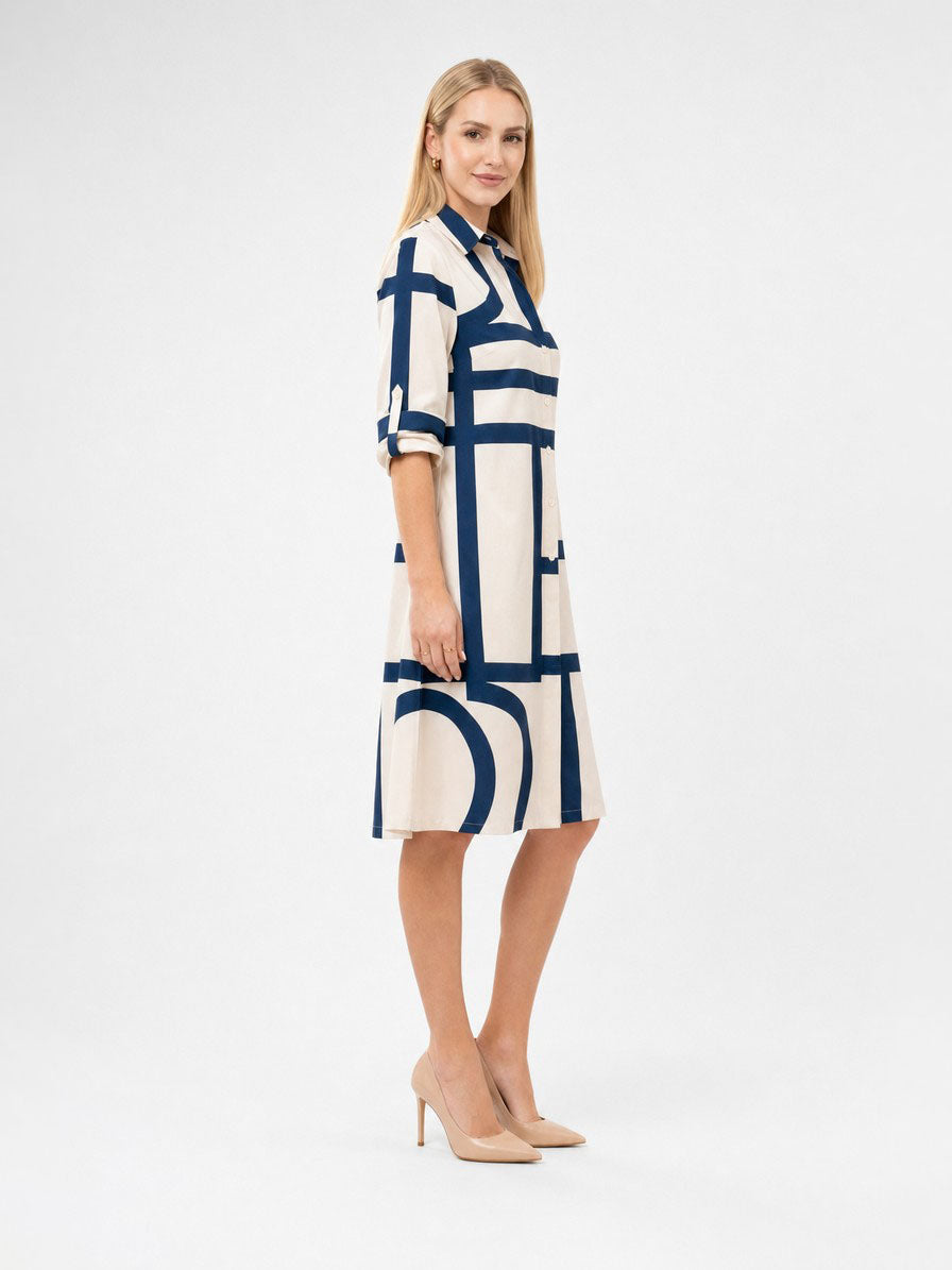 Zayé Women's Arch Geometric Print Shirt Dress | Full Button Front Point Collar Three Quarter Sleeve