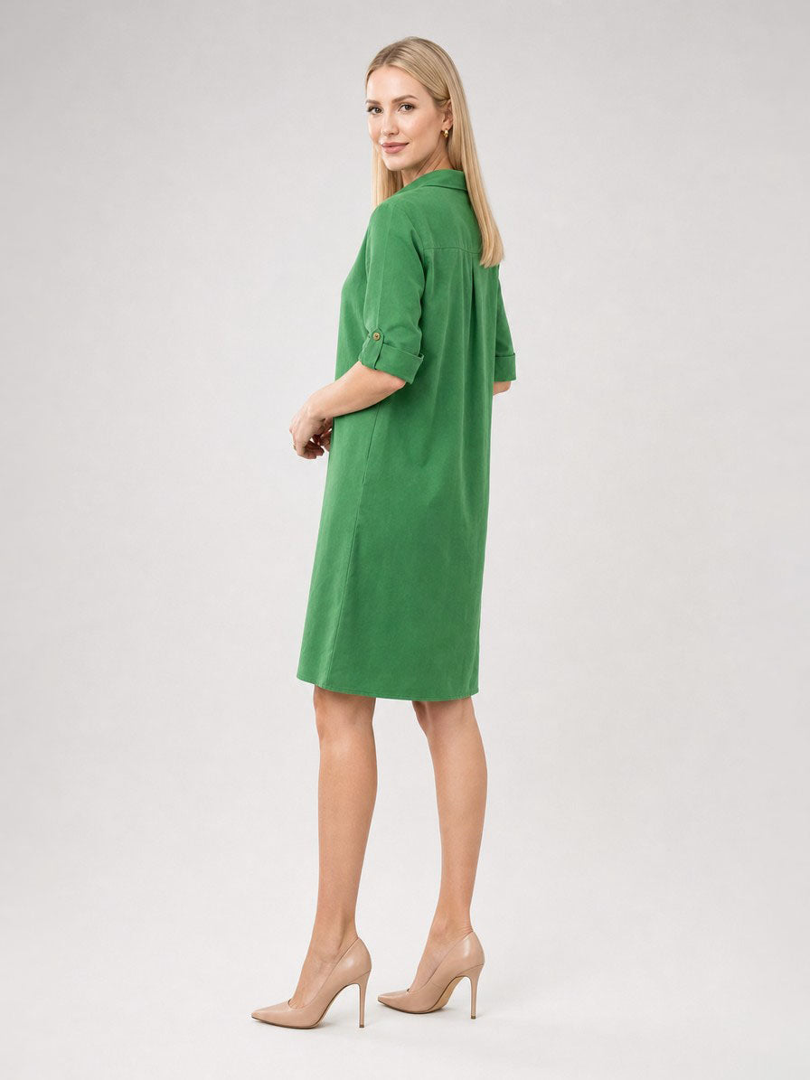 Zayé Women's Pullover Shirt Dress | Point Collar Short Placket Three Quarter Sleeve A-Line