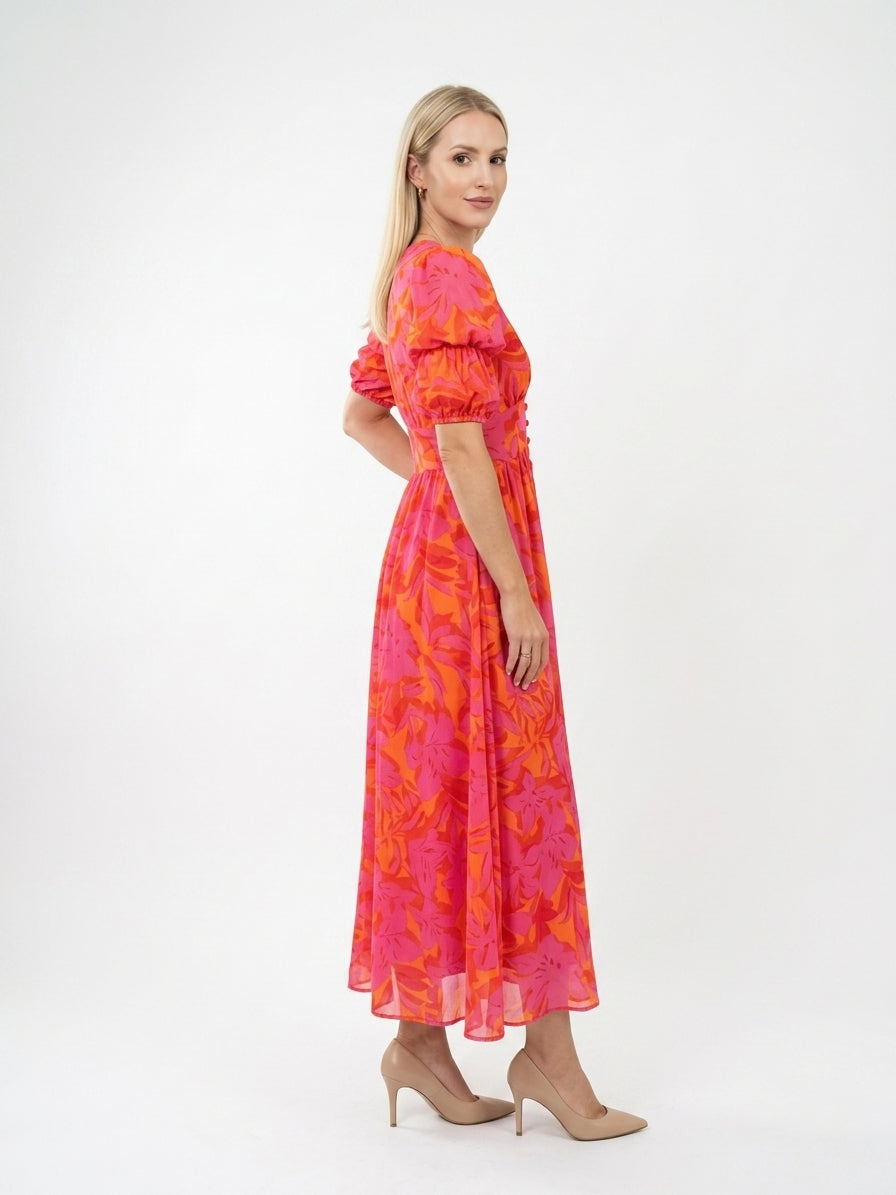 Zayé Women's Tropical Floral Maxi Dress | Deep V-Neck Puff Sleeve Button Front Elasticated Waist | Hot Pink