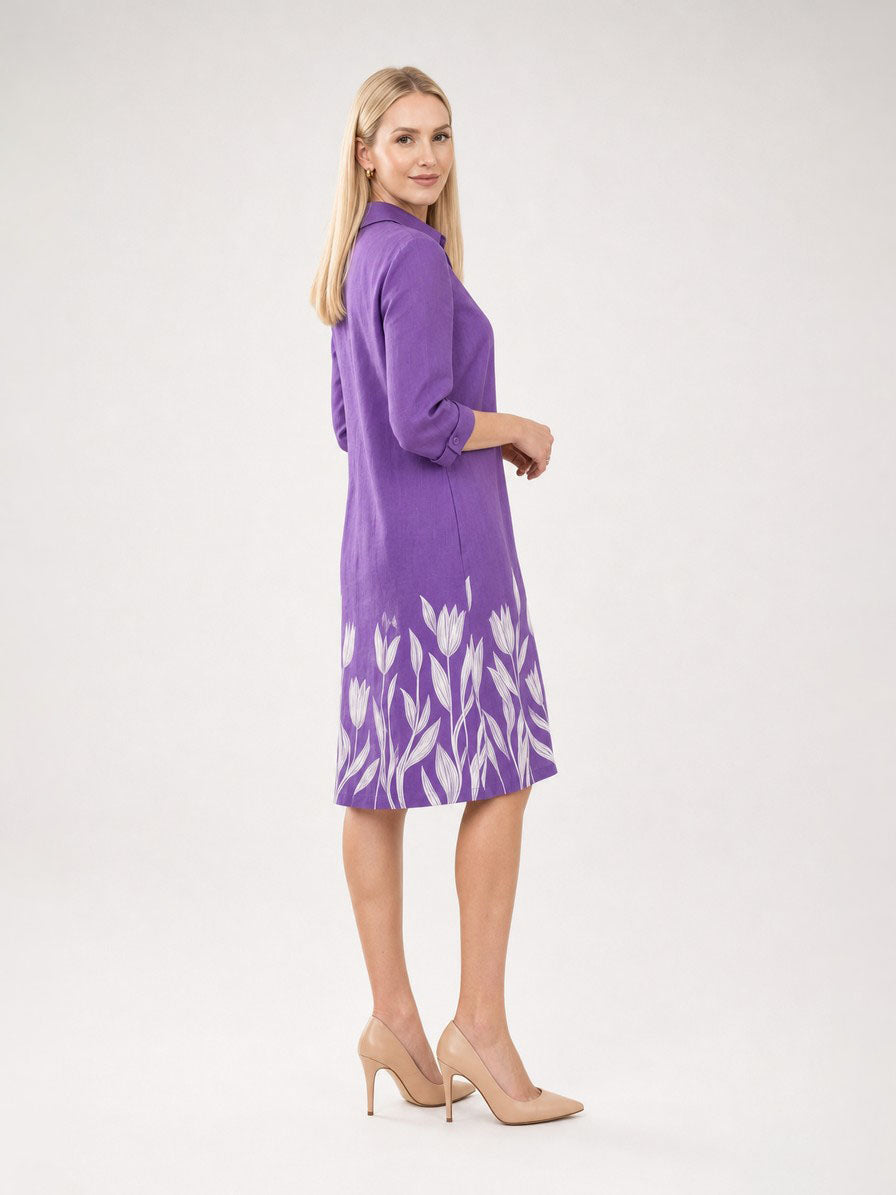 Zayé Women's Tulip Silhouette Hem Shirt Dress | Full Button Front Point Collar Three Quarter Sleeve