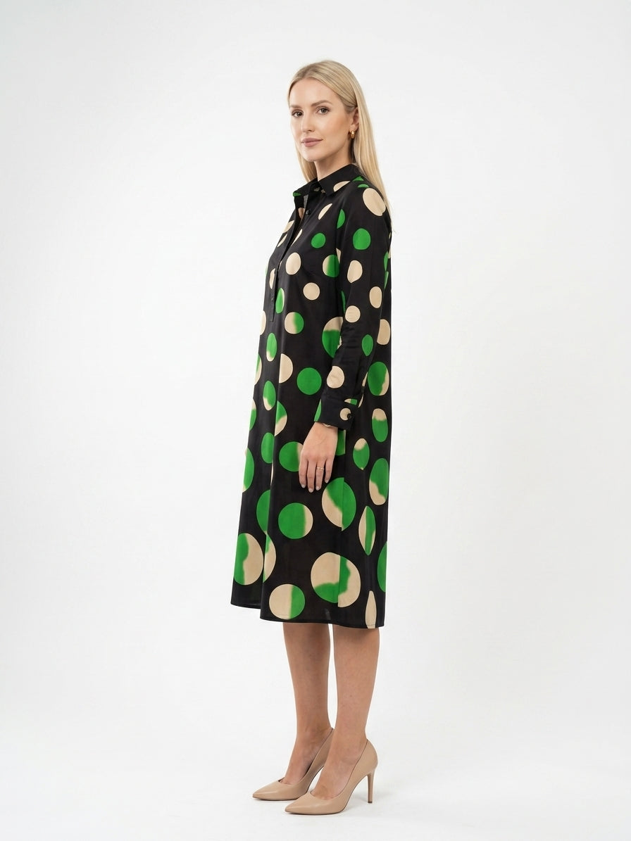 Zayé Women's Oversized Polka Dot Shirt Dress | Point Collar Three Quarter Sleeve A-Line