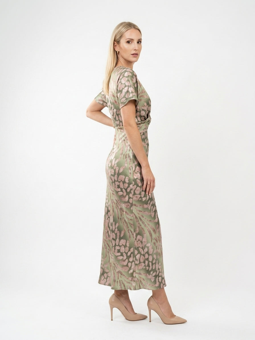 Zayé Women's Satin Abstract Print Maxi Dress | Deep V-Neck Twist Waist Kimono Sleeve | Sage Green