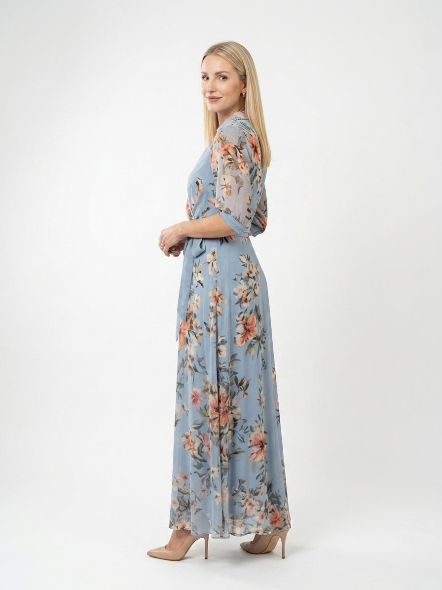 Zayé Women's Romantic Floral Chiffon Maxi Dress | Wrap V-Neck Collar Three Quarter Sleeve Tie Waist