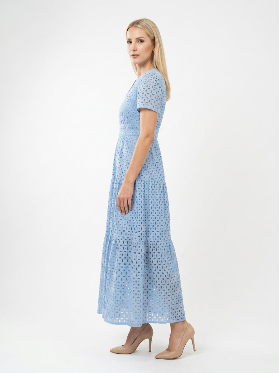 Zayé Women's Eyelet Midi Dress | V-Neck Short Sleeve Smocked Waist Tiered Skirt