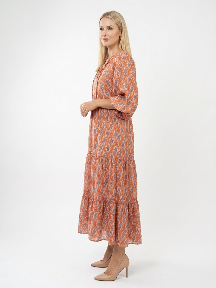 Zayé Women's Paisley Print Midi Dress | V-Neck Balloon Sleeve Tiered Skirt | Burnt Orange