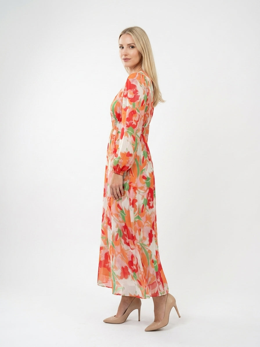 Zayé Women's Watercolour Floral Chiffon Maxi Dress | Wrap V-Neck Bishop Sleeve Tiered Skirt