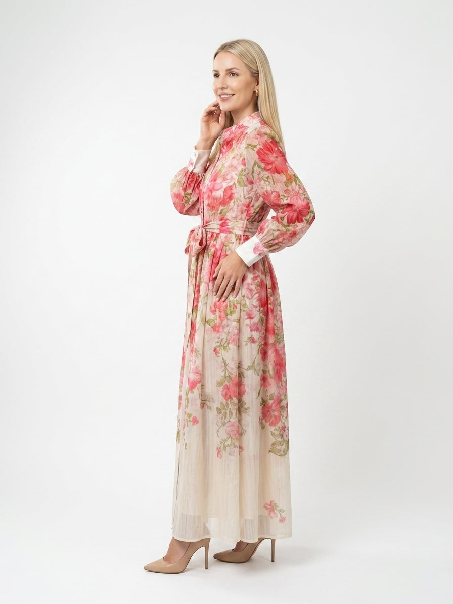 Zayé Women's Border Floral Sheer Maxi Dress | Band Collar Bishop Sleeve Tie Waist Button Front
