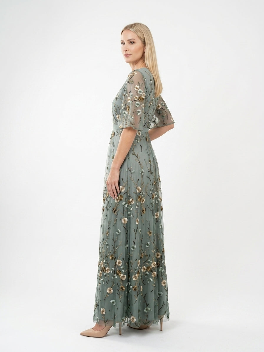 Zayé Women's Embroidered Mesh Maxi Dress | Wrap V-Neck Cape Sleeve Ribbon Belt A-Line Skirt