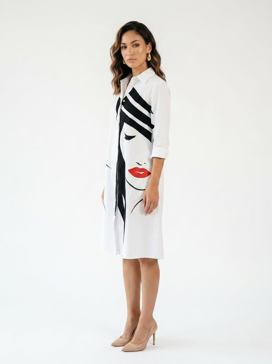 Zayé Women's Graphic Face Print Shirt Dress | Point Collar Three Quarter Sleeve A-Line