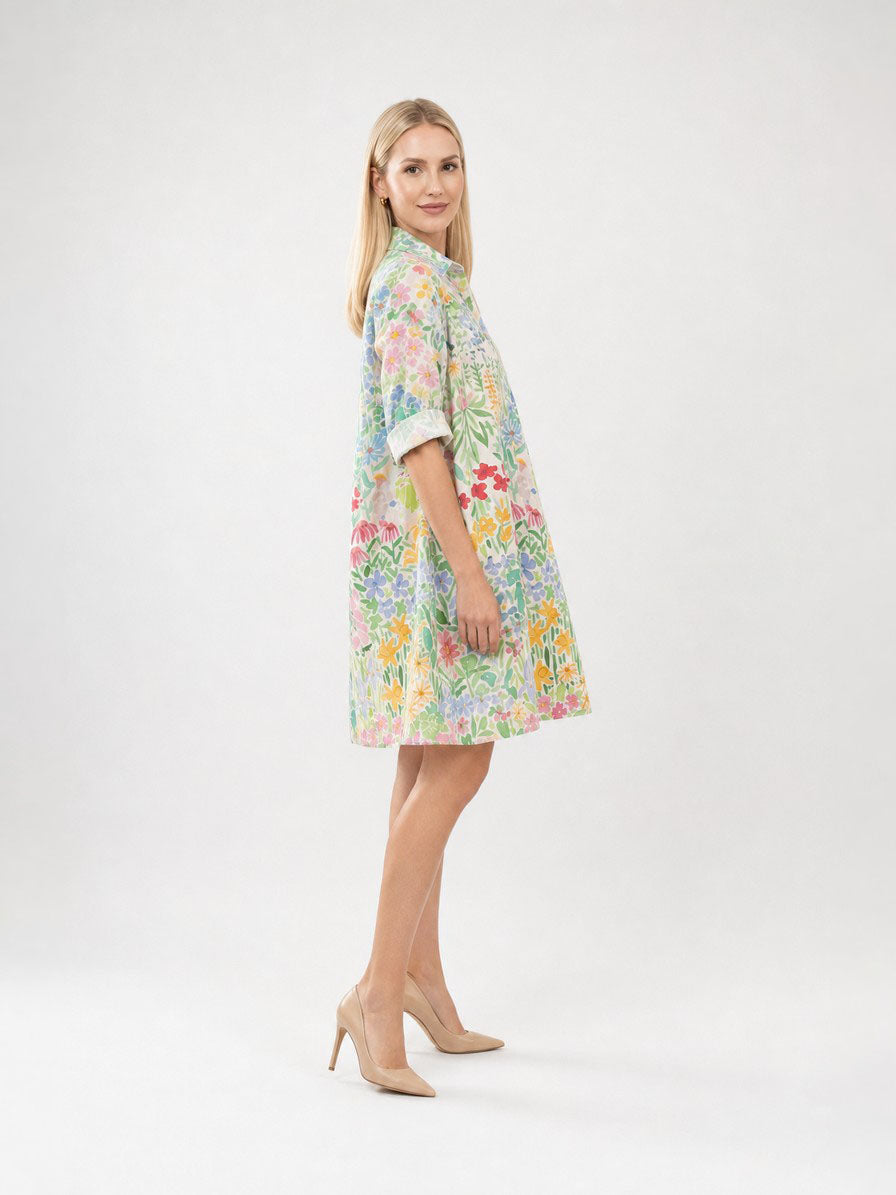 Zayé Women's Wildflower Meadow Print Shirt Dress | Point Collar Three Quarter Sleeve Relaxed Fit