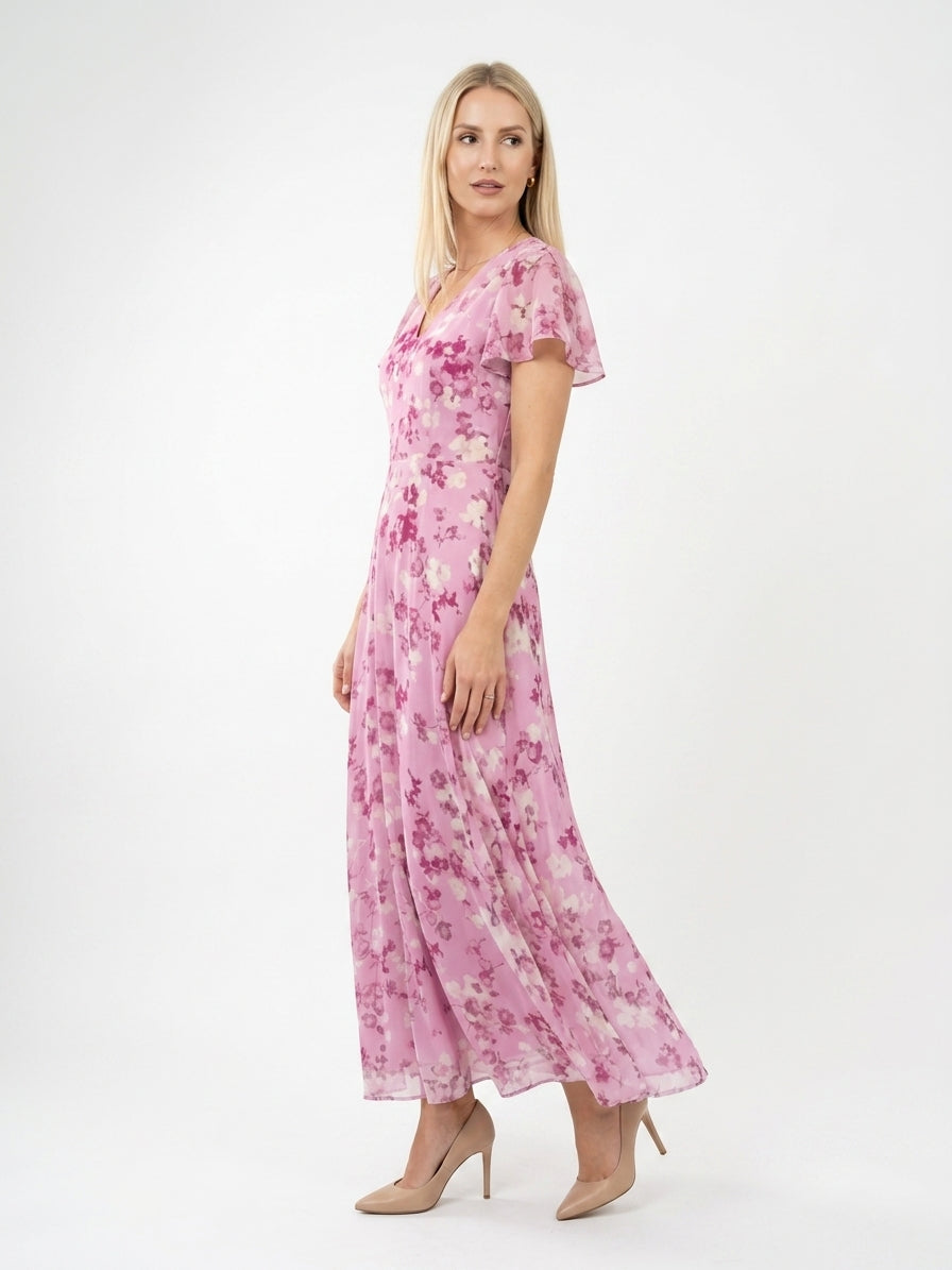 Zayé Women's Vintage Floral Chiffon Maxi Dress | V-Neck Flutter Sleeve Full A-Line Skirt