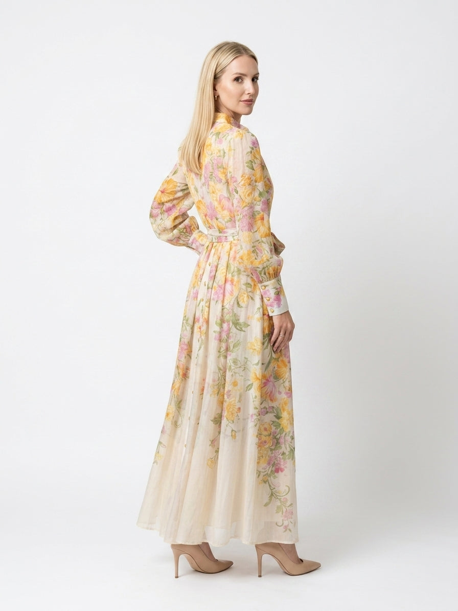 Zayé Women's Border Floral Sheer Maxi Dress | Band Collar Bishop Sleeve Tie Waist Button Front