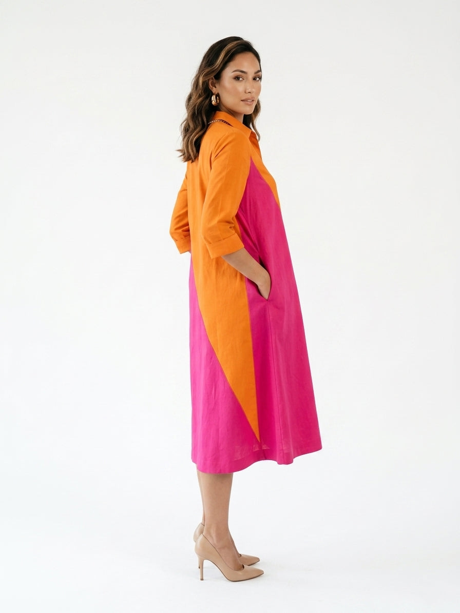 Zayé Women's Colour Block Shirt Dress | Diagonal Split Orange Pink Point Collar Three Quarter Sleeve