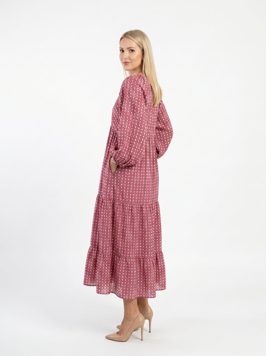 Zayé Women's Block Print Midi Dress | V-Neck Bishop Sleeve Tiered Skirt | Dusty Pink