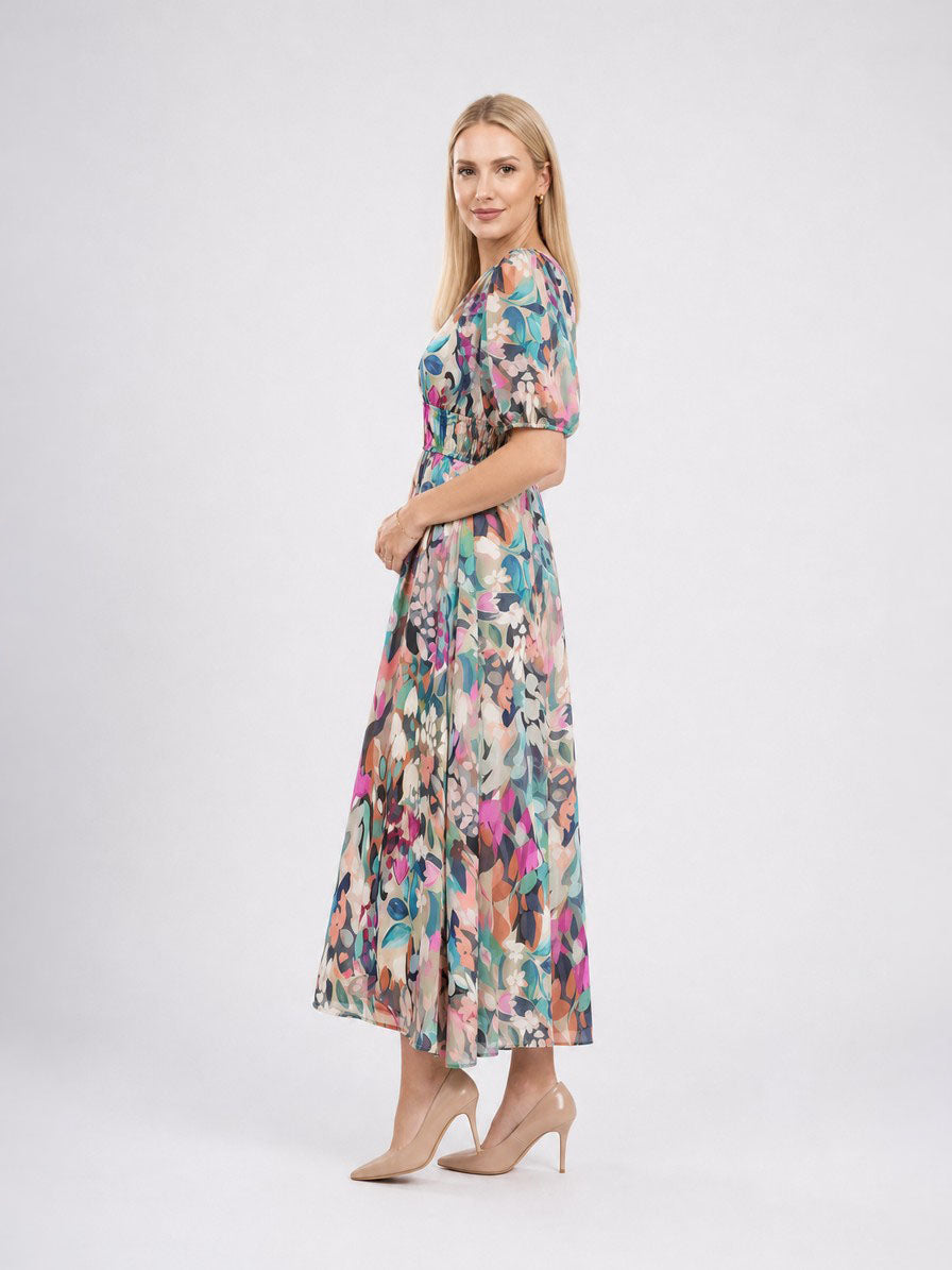 Zayé Women's V-Neck Midi Dress | Short Sleeve Gathered Waist