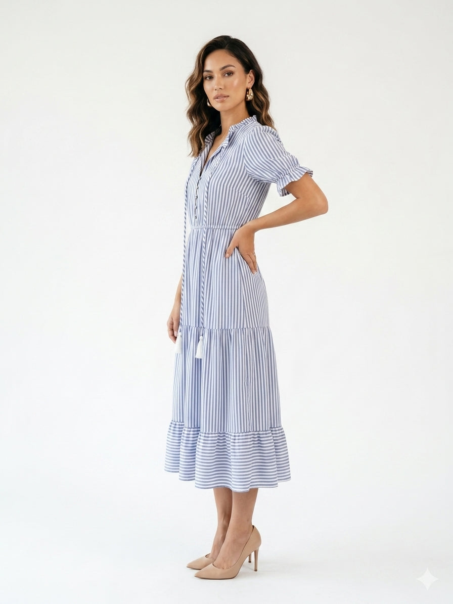 Zayé Women's Stripe Midi Dress | Shirt Collar Puff Sleeve Tassel Detail Tiered Skirt | Blue White