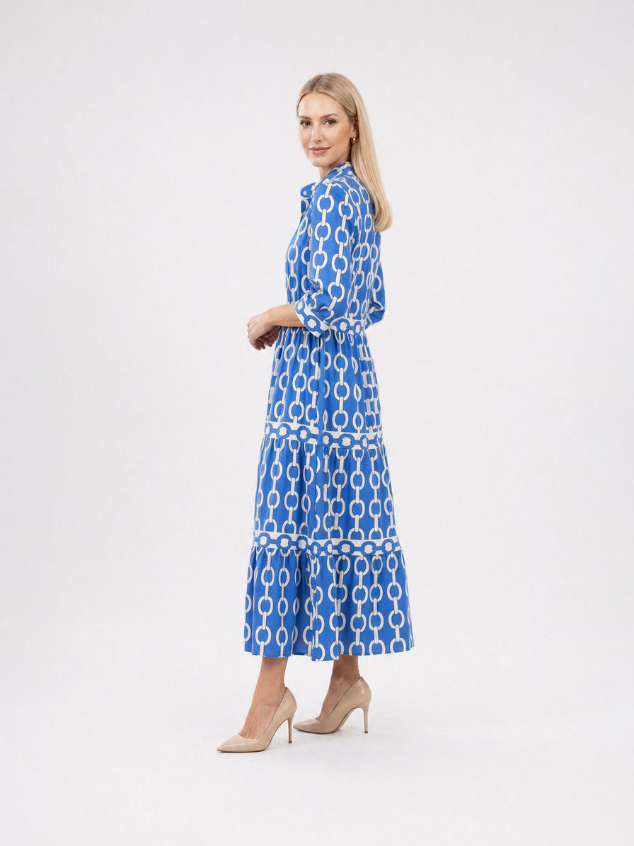 Zayé Women's Chain Pattern Midi Dress | V-Neck Three Quarter Sleeve Tiered Skirt