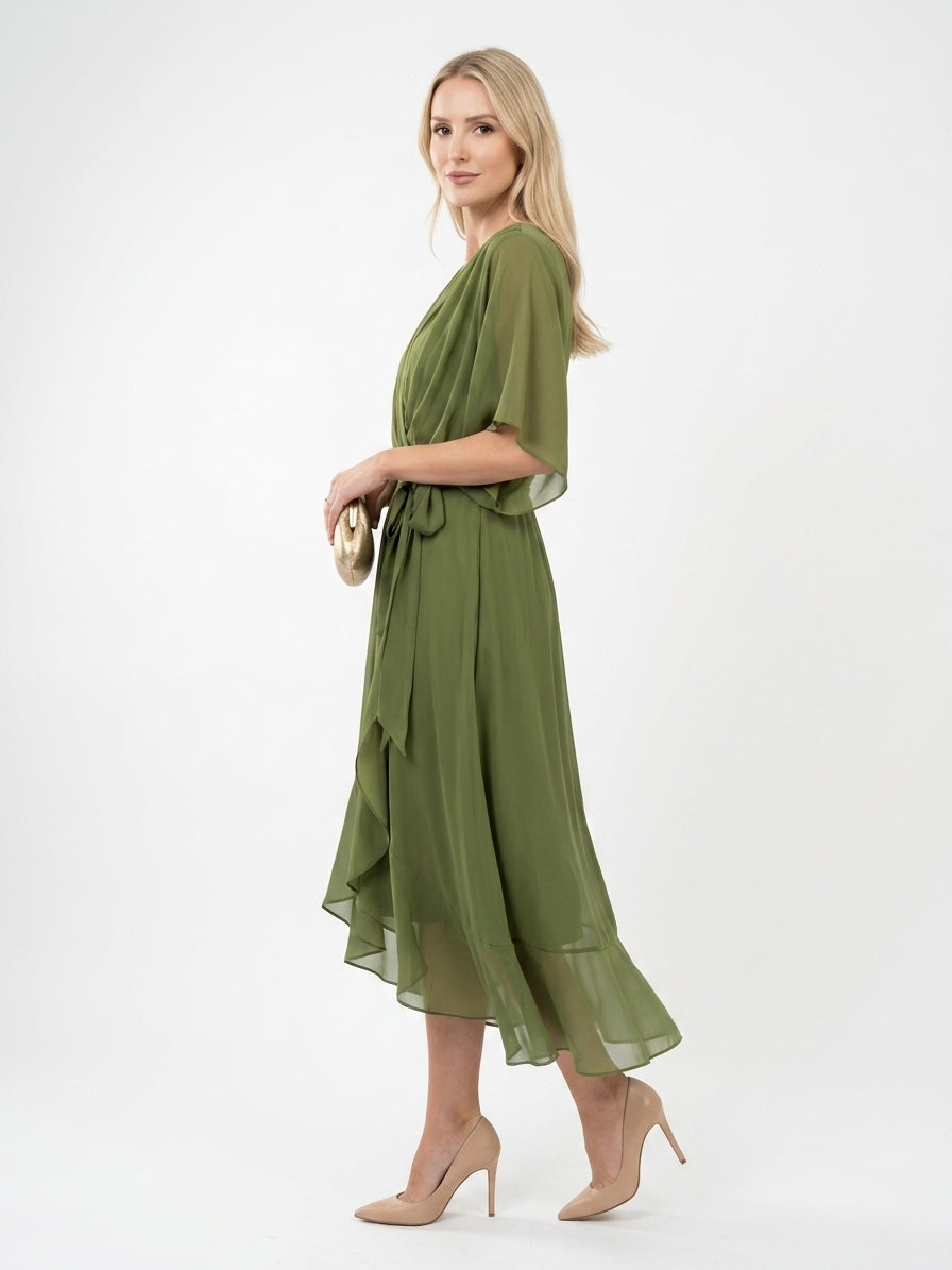 Zayé Women's Chiffon Midi Dress | Deep V-Neck Angel Sleeve Tie Waist Handkerchief Hem